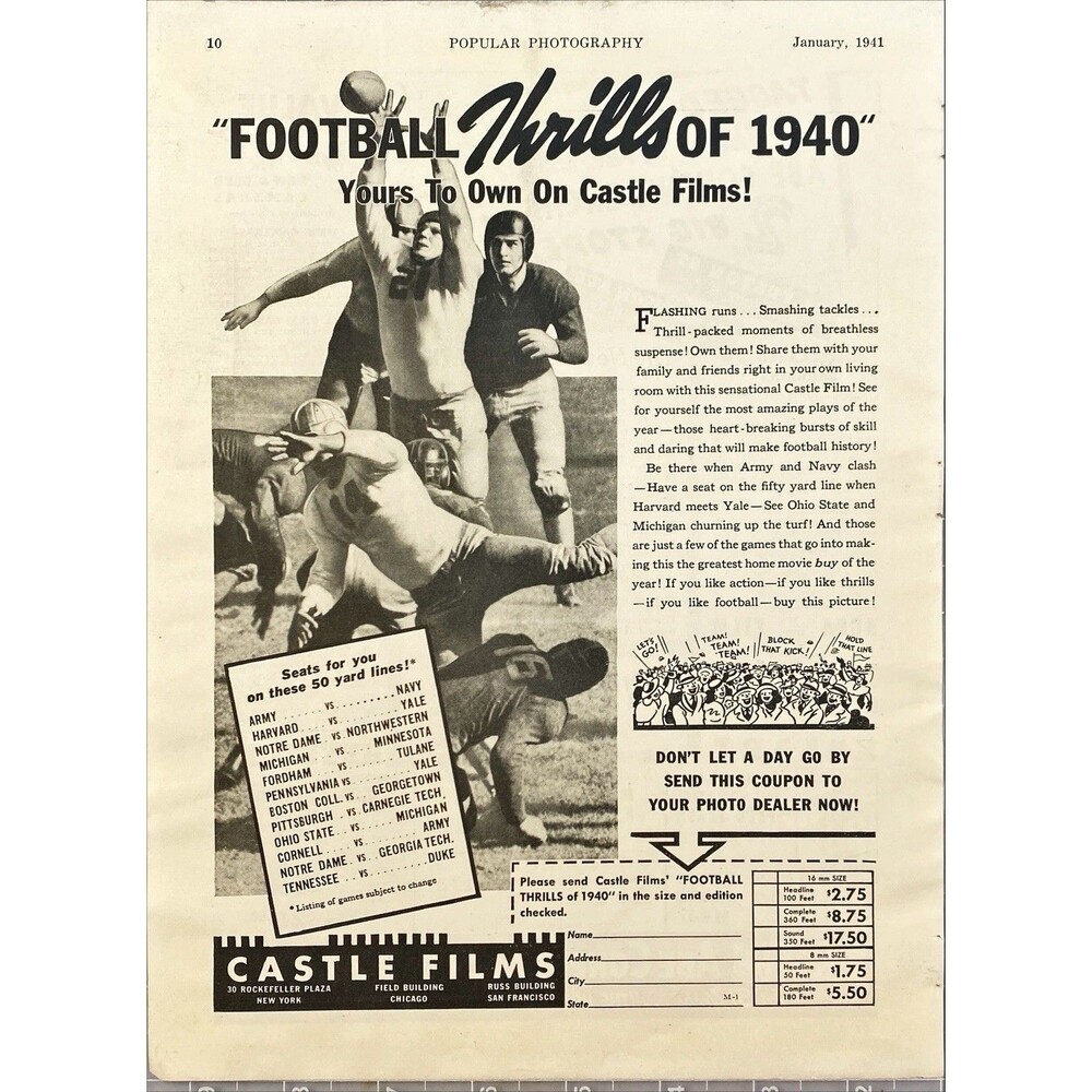 Castle Films "Football Thrills of 1940: Football Players in Action" Vtg Ad 1941